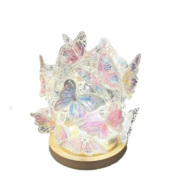 Handmade butterfly night lamp with glass shade on raw wood base, 12x15cm dimensions