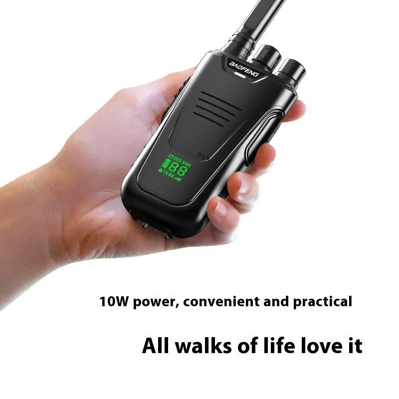 Red high-power intercom showing 95mm height with USB charging port and antenna for 8km range