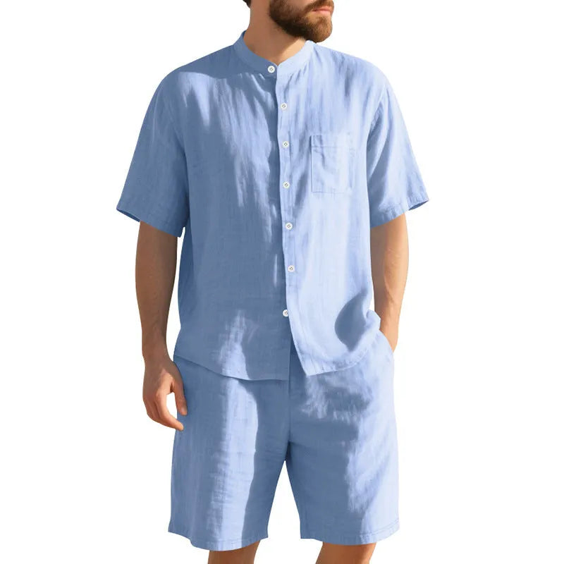 Men's linen-blend summer suit with Henry collar jacket and matching shorts in navy blue colour