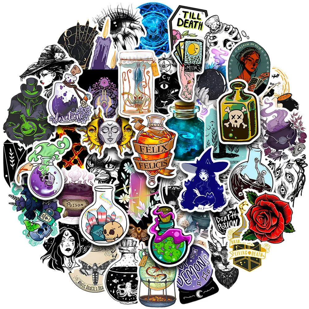 50 waterproof PVC stickers with glossy finish for laptops and skateboards, 3-8cm size range