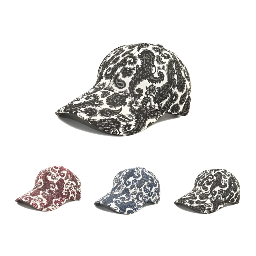 Polyester baseball cap with paisley pattern print in blue colour showing dome crown style