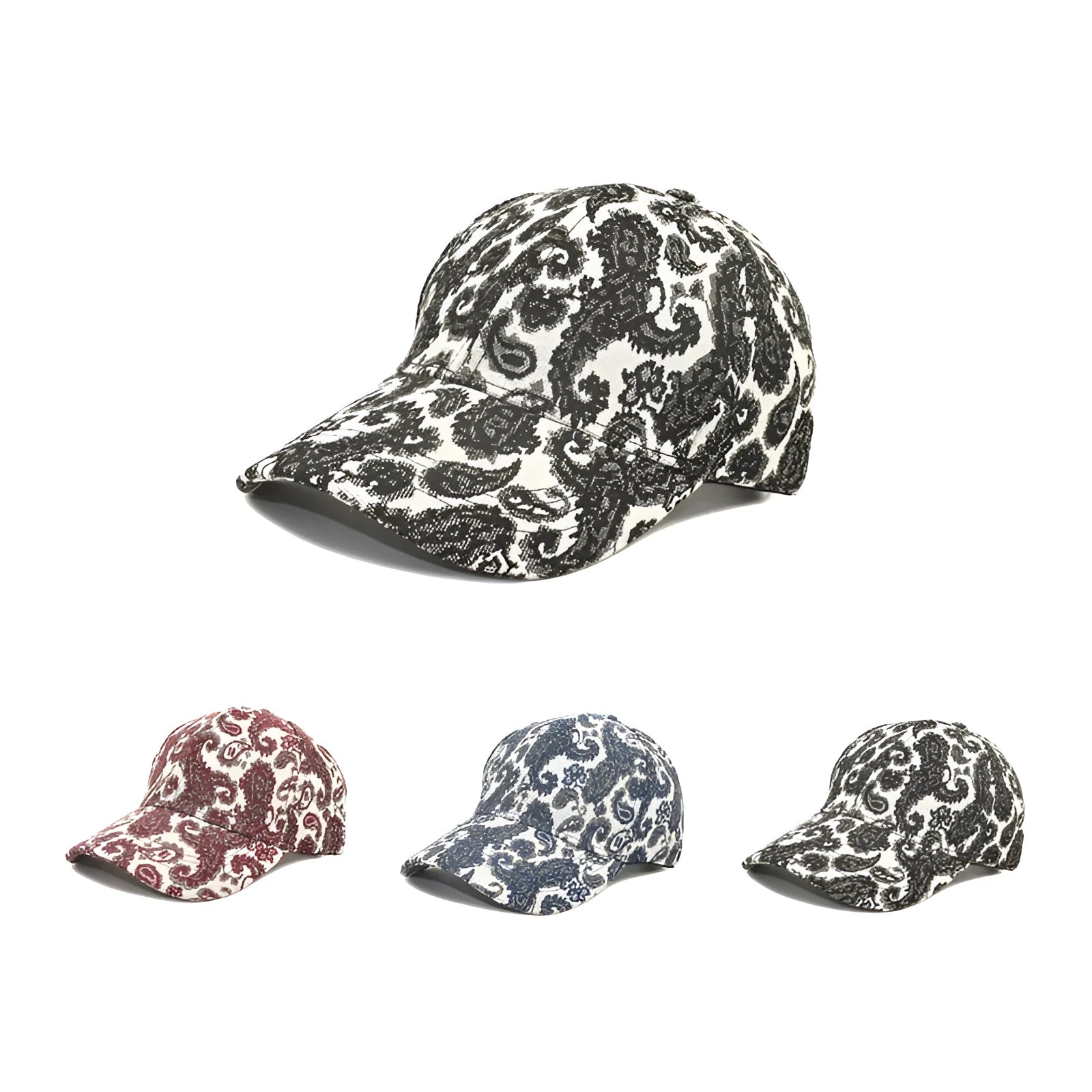 Polyester baseball cap with paisley pattern print in blue colour showing dome crown style