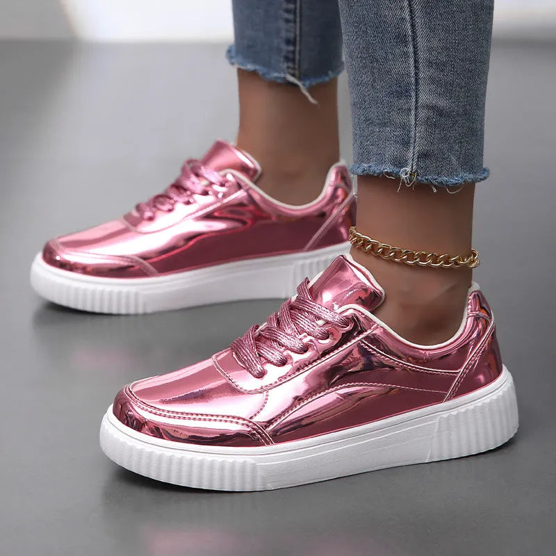 Rose gold and gold sequin platform sneakers with thick MD sole and stitching detail.