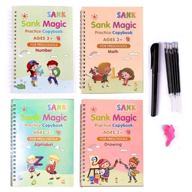 Magic calligraphy copybook set showing four practice books with square slot designs and two stylus pens