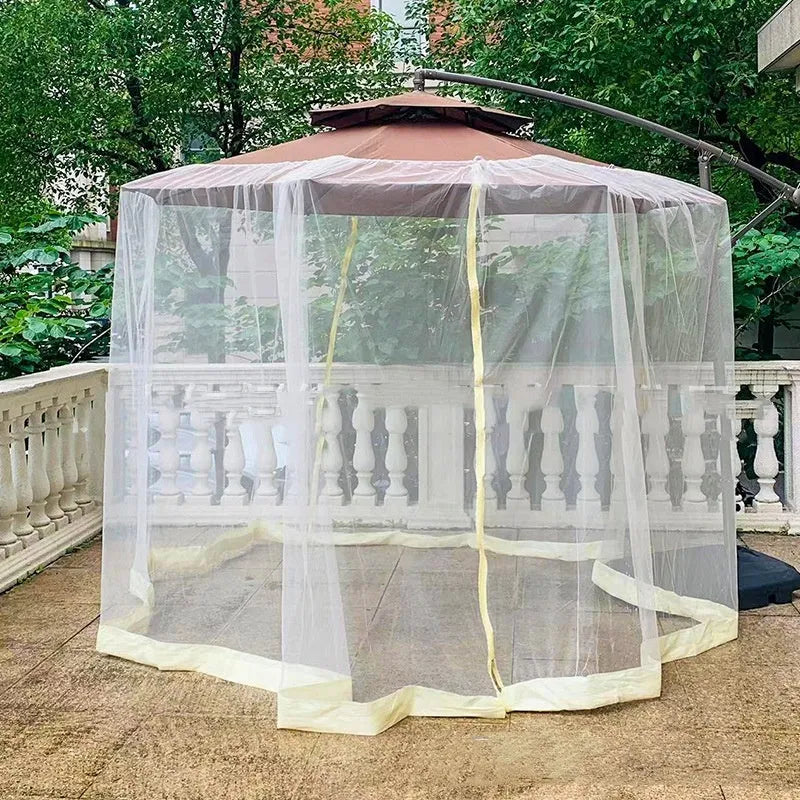 Outdoor soft fabric umbrella tent with mosquito netting in a garden setting, shown in beige colour.