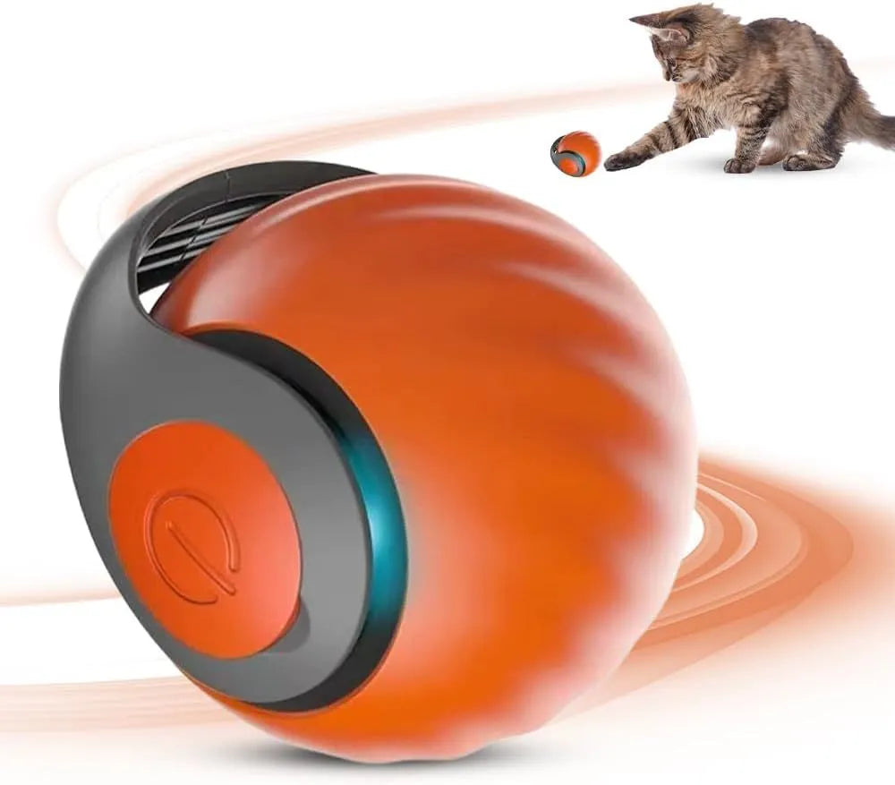 Blue and red interactive rolling ball pet toy for cats and dogs on a floor.