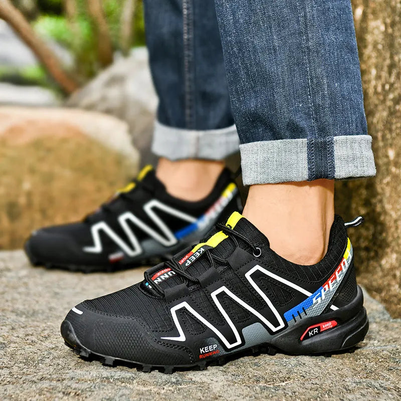 Men's plus size casual running shoes in black and white colour with a low-top design and rubber sole