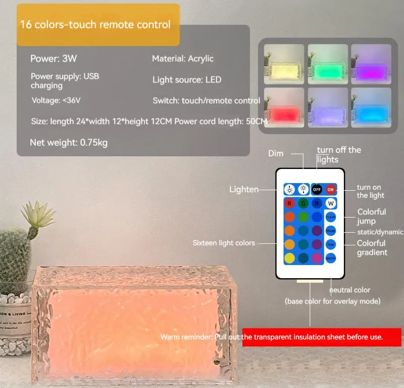 Geometric acrylic night lamp with variable 16 colours, USB-powered, and remote control for adjustable lighting