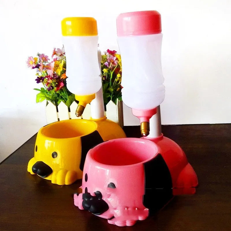 Adjustable rod lifting pet drinking bowl showing height mechanism and available pink, blue, yellow colour options