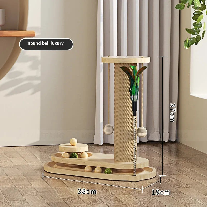 Solid wood cat turntable scratching post showing 60cm height and 30cm diameter rotating surface with multiple design options