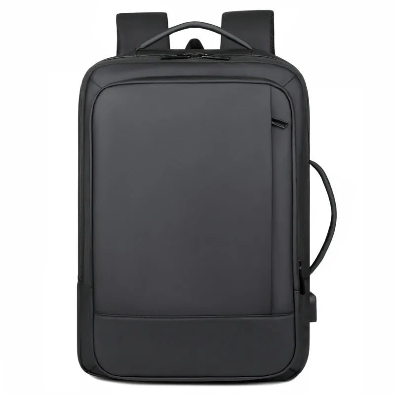 Black waterproof business backpack with 20-35L capacity and curved shoulder strap for commuting