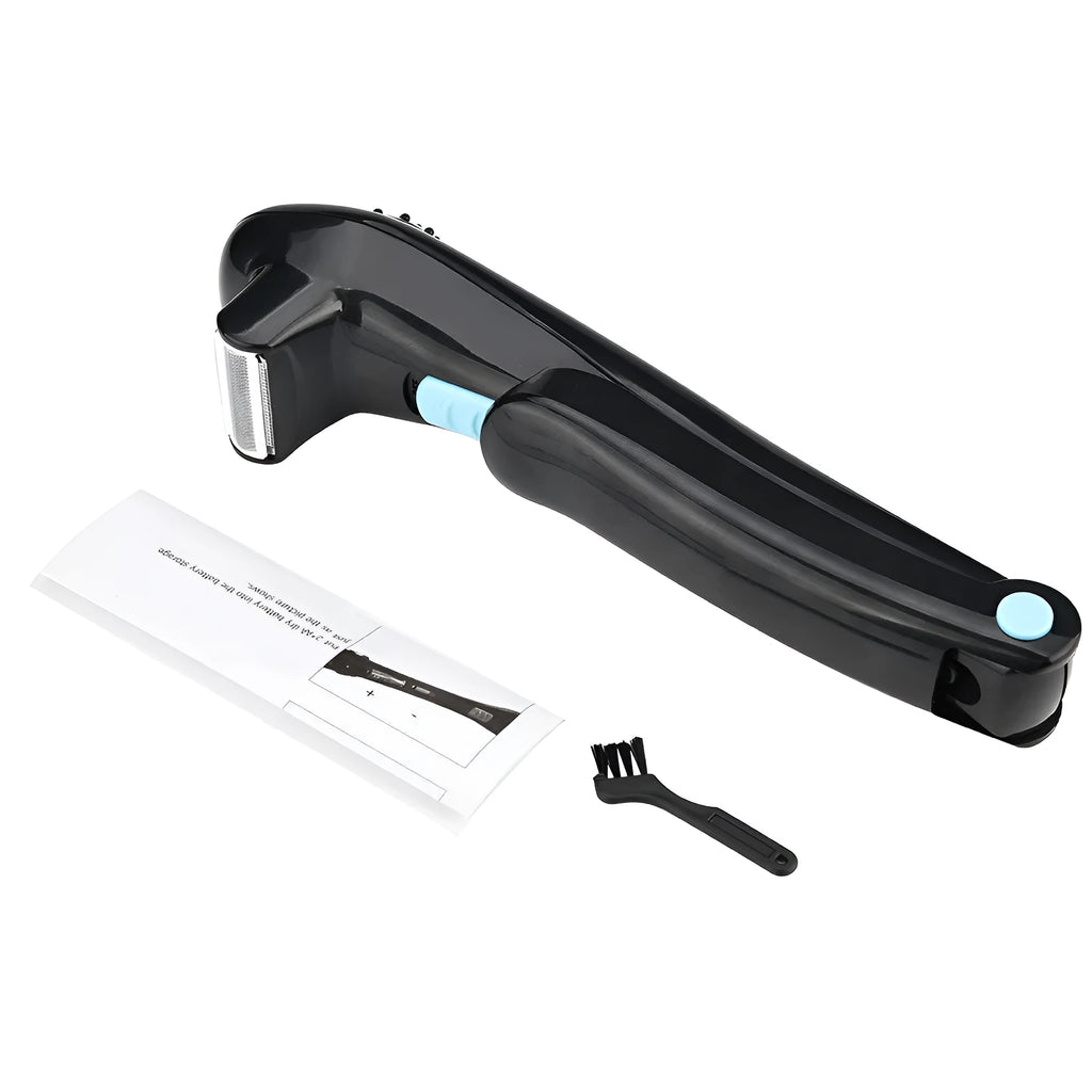 Black folding body electric shaver for men and women, uses AA batteries.