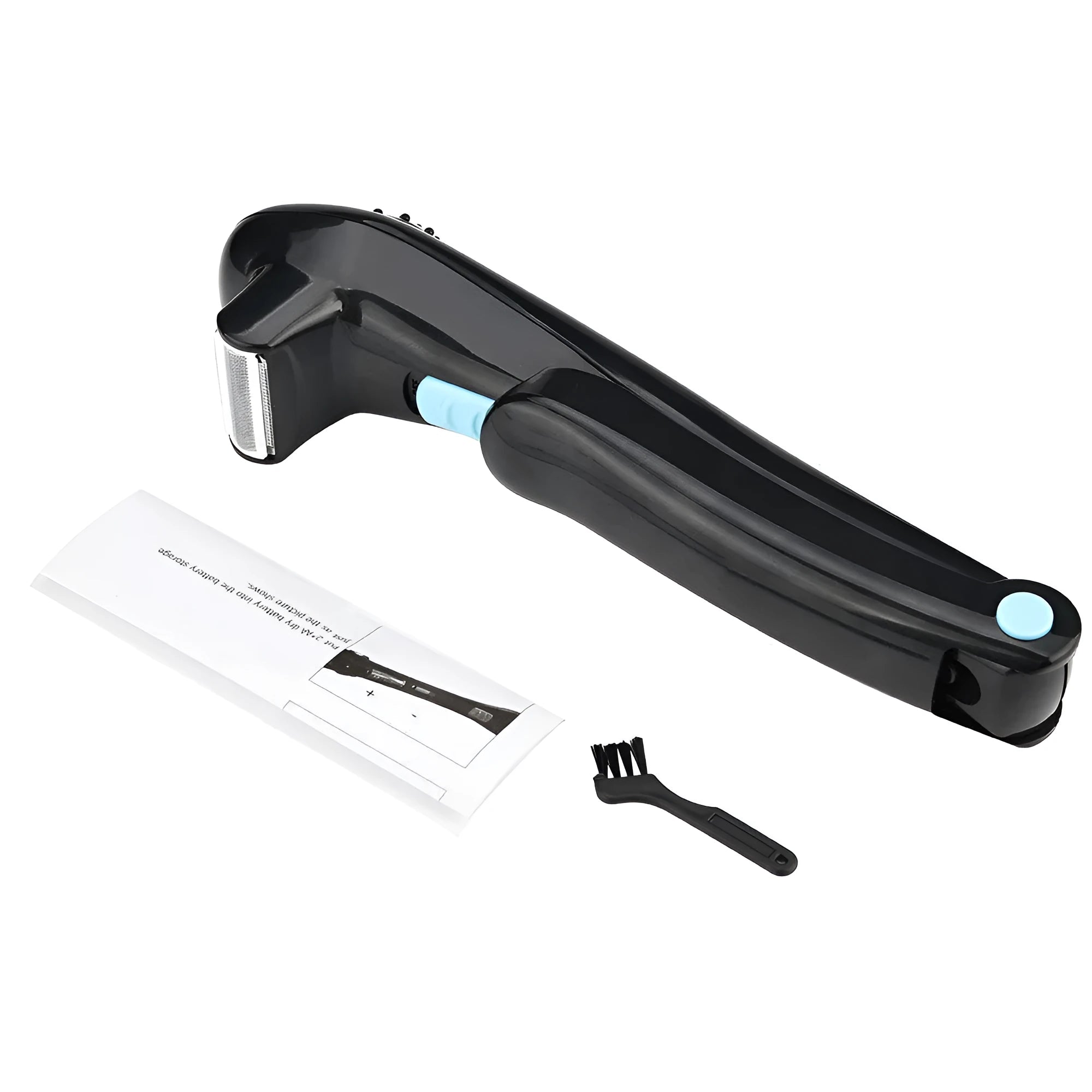 Black folding body electric shaver for men and women, uses AA batteries.