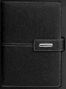 A5 notebook with imitation leather cover in various colours, open to show wood-free paper pages
