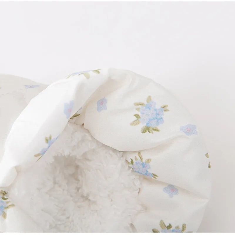 White thick dog dress with large bow, flower print and flannel lining for small dogs