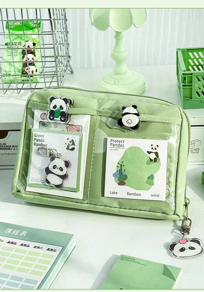 Green 12 layer panda pencil case with Korean style design and canvas construction