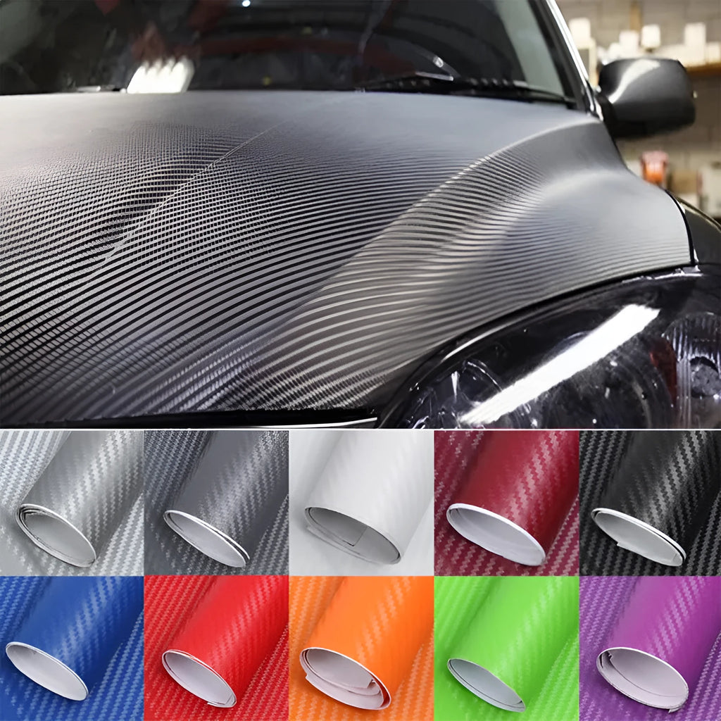 Roll of black carbon fibre textured vinyl sticker for car decoration, showing 3D pattern.