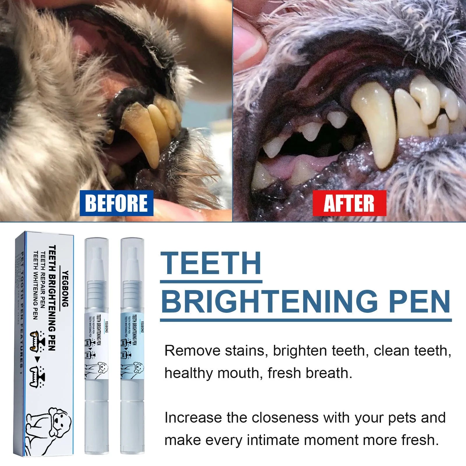 Yegbong pet teeth whitening pen with 3ml+3ml dual-formula and two dental brushes for dog and cat tartar removal