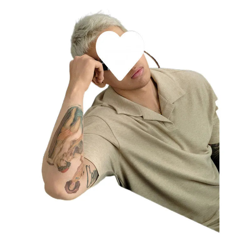 Men's beige cotton lapel short-sleeved T-shirt and trousers suit, casual summer two-piece set for elderly men