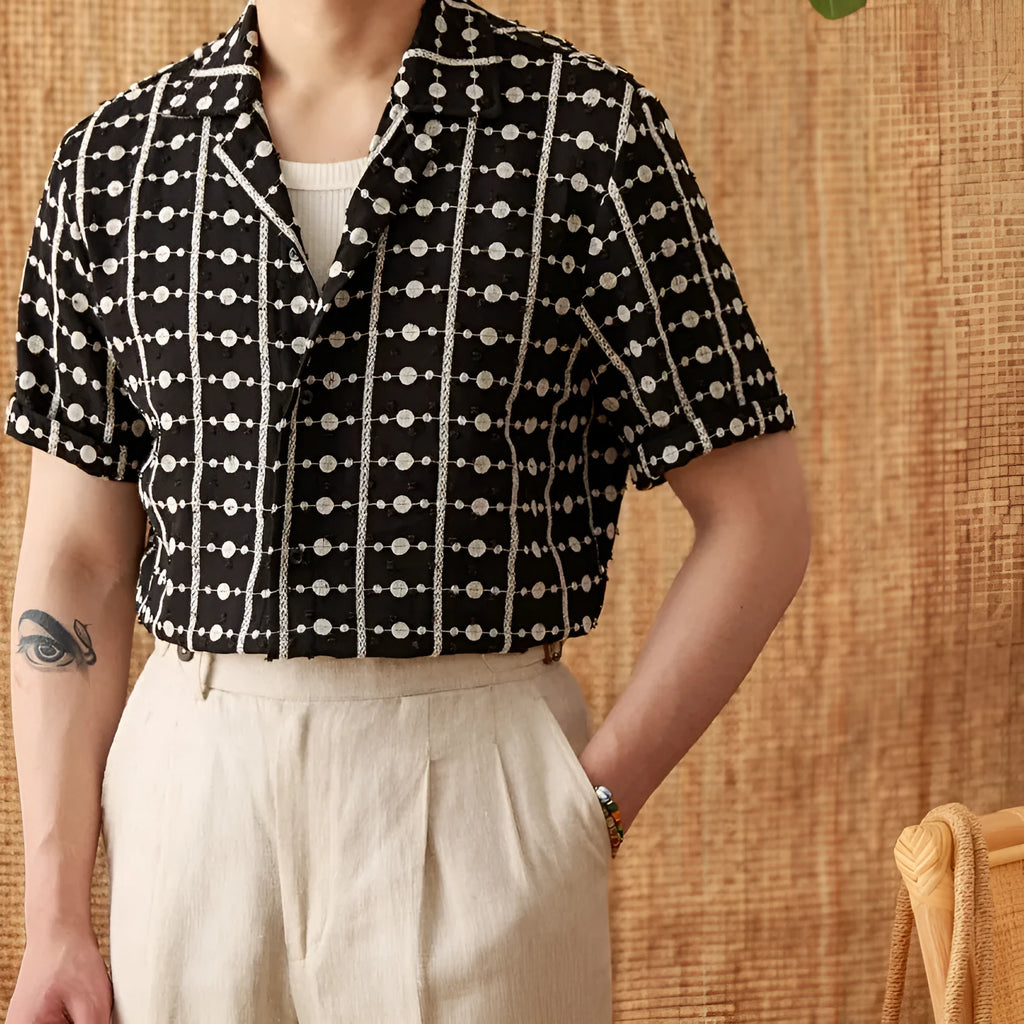 Black 100% cotton Cuban collar short sleeve shirt with printed design and embroidery, sizes M to 3XL