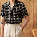 Black 100% cotton Cuban collar short sleeve shirt with printed design and embroidery, sizes M to 3XL