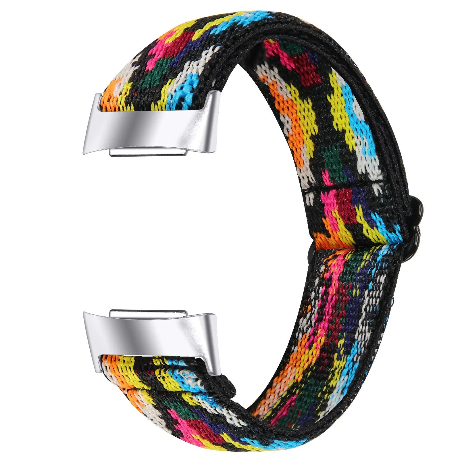 Adjustable printed elastic watch strap compatible with Fitbit Charge 6, shown in a vibrant colour design.