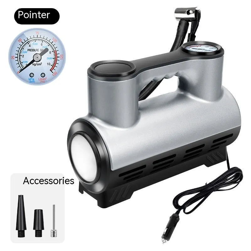 12V portable car tyre inflator with digital display, three air nozzles, and compact grey ABS body.