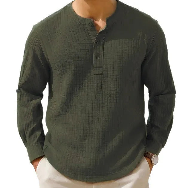 Long sleeve linen blend shirt in slim fit with 3/4 sleeves and round neck