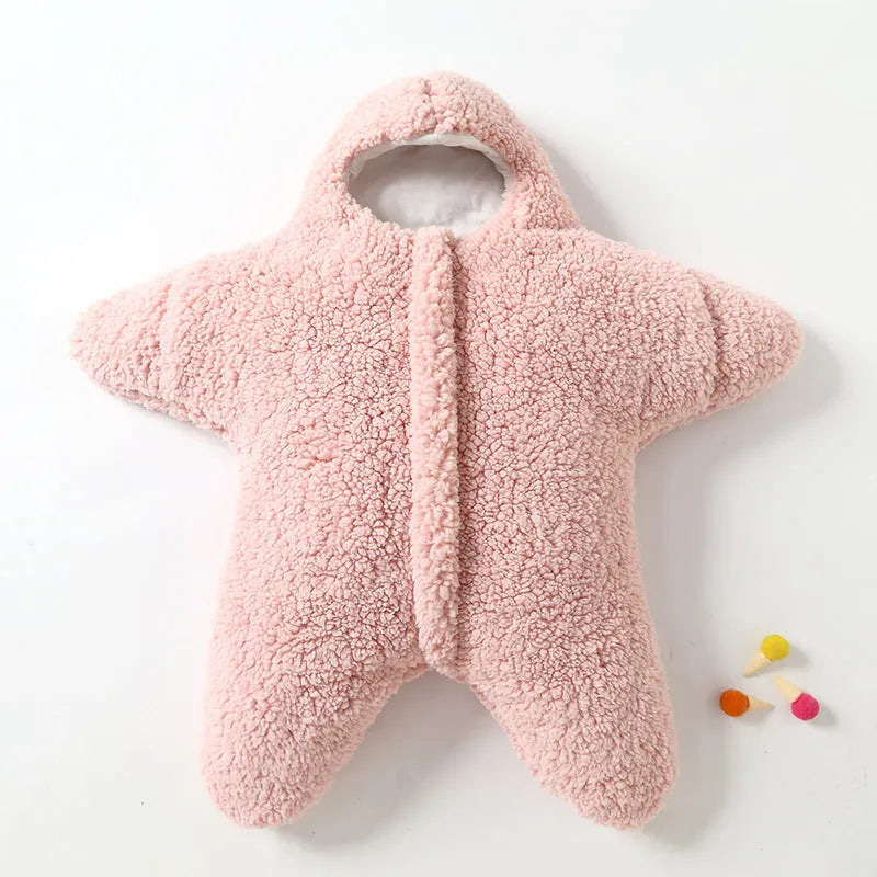 Hooded baby sleeping bag in cashmere cotton fabric with zip opening and hand cuffs