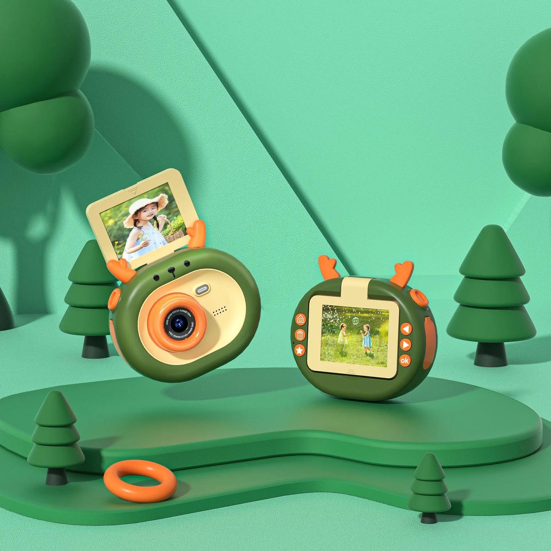 Purple and dark green children's digital camera with flip screen, silicone case lanyard, measuring 9.8cm by 7.9cm by 3.8cm