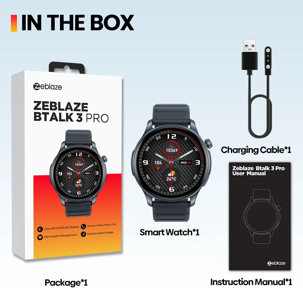 Btalk 3 Pro smart watch in grey colour showing AMOLED display with fitness stats.