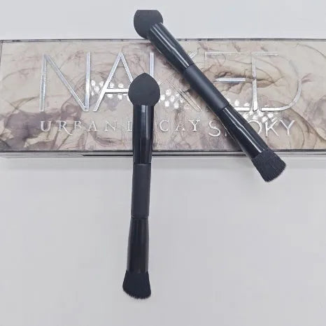 Double-headed miter sponge concealer brush with black wooden handle