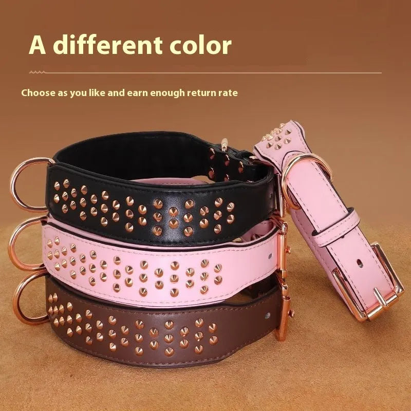 Leather dog collar with anti-bite rivets in black, chocolate, or pink colour, sizes L and XL