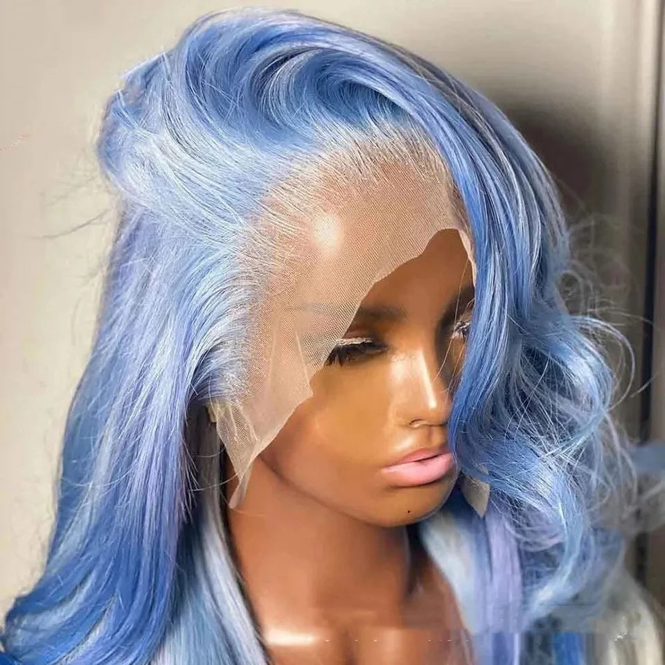 Body wave human hair lace front wig on a mannequin head, showing long wavy hair and a sheer lace front.