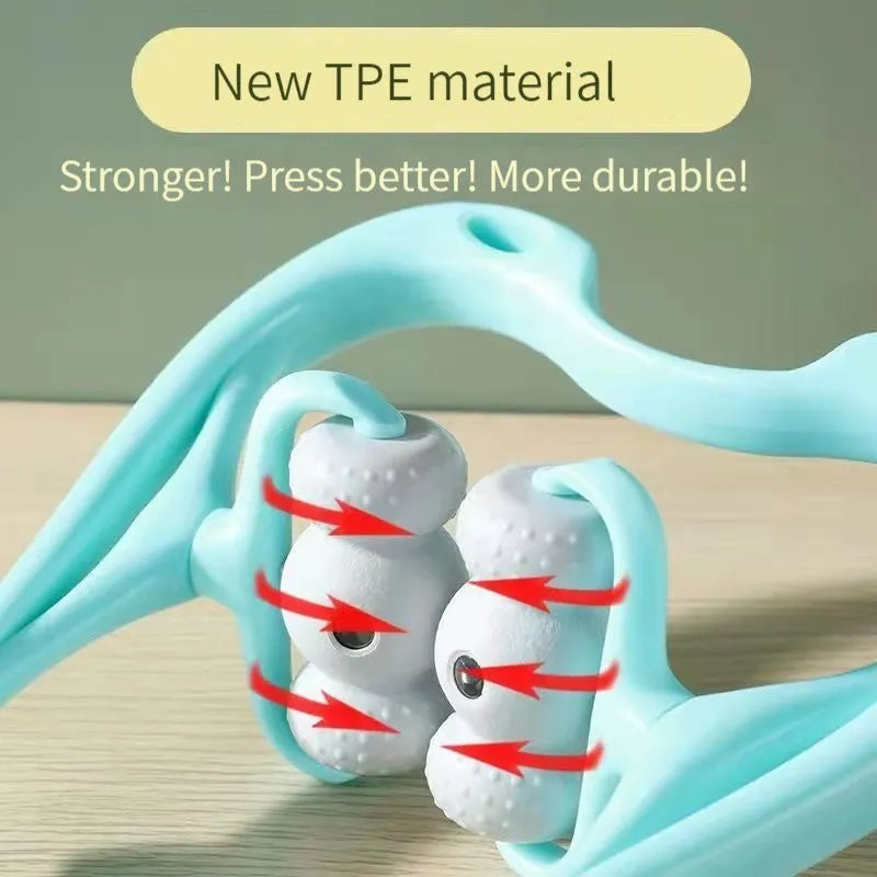 Blue handheld neck massager roller with acupressure nodes shown on a grey background.