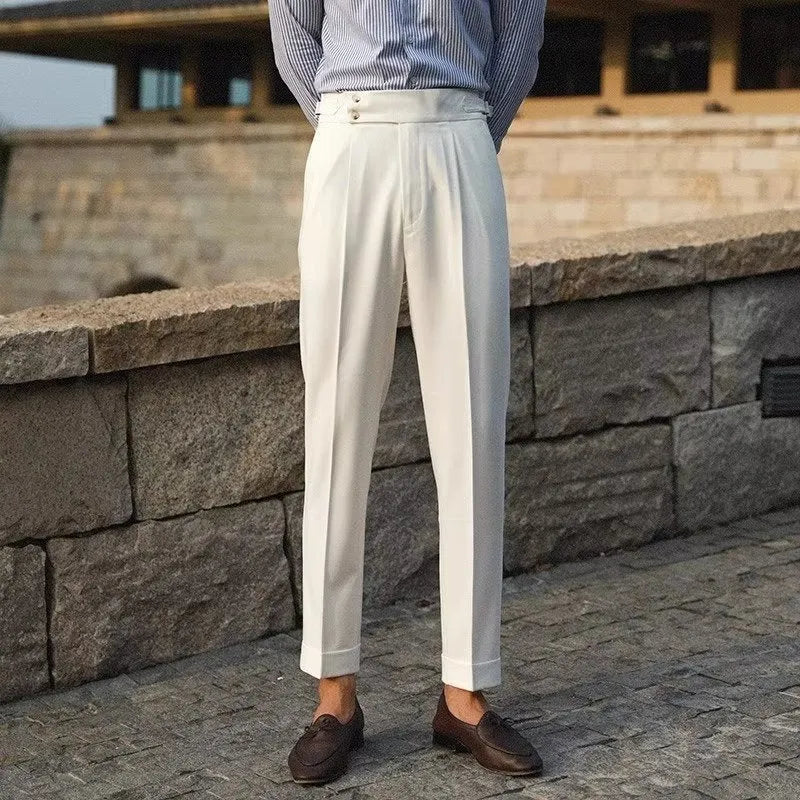 Straight-leg business trousers in black, white, or apricot with polyester construction for office wear