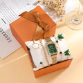 Gold green square steel watch with four matching bracelets in fashion accessory set