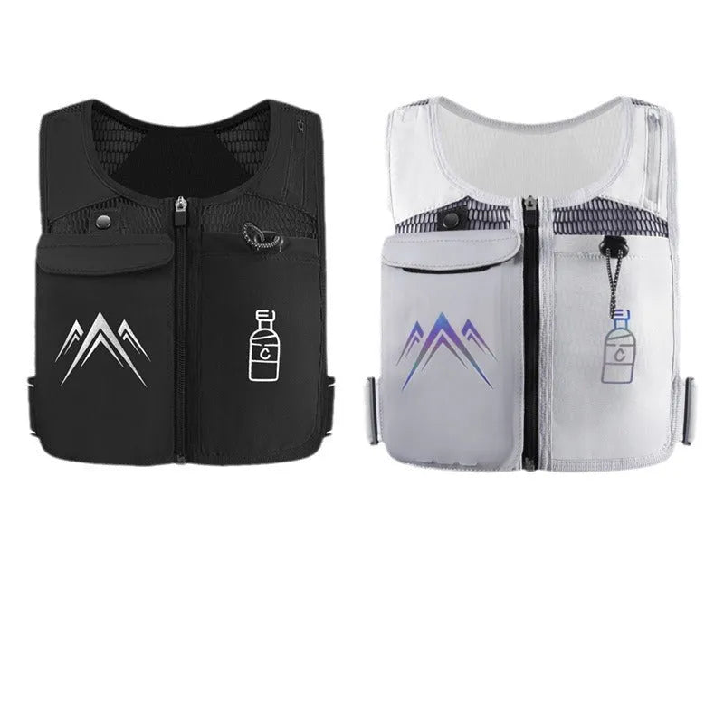 Black breathable mesh sports running vest with a front phone pocket, shown flat with dimensions