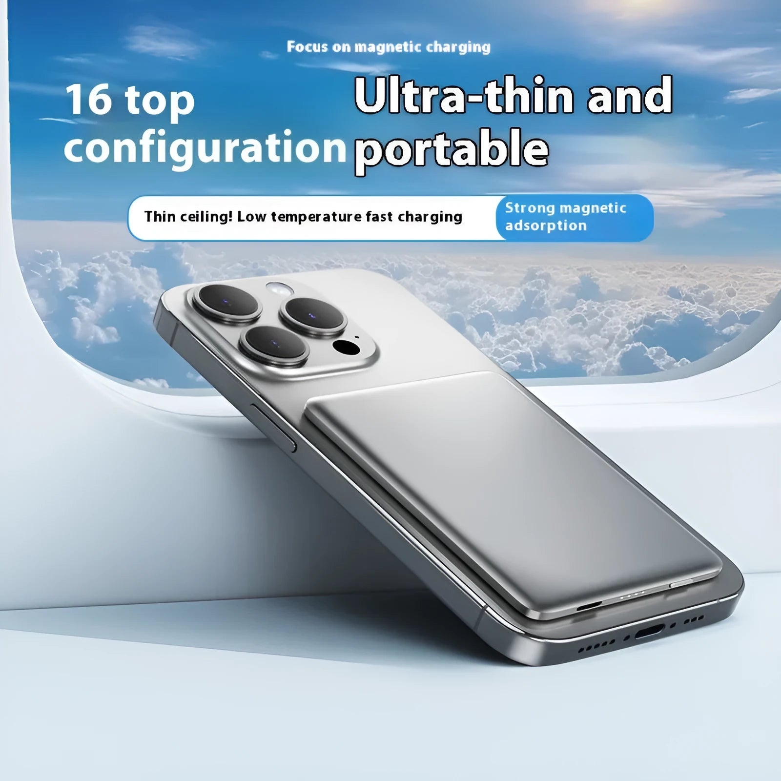 Gun grey magnetic wireless power bank with ultra-thin 9mm alloy shell showing PD20W charging port