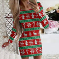 Christmas printed narrow dress with animal patterns, mid waist, and hip skirt silhouette in floral colour
