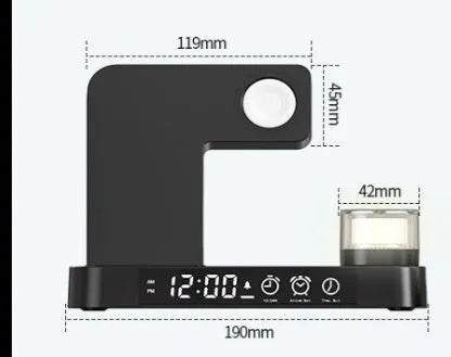 White 4-in-1 wireless charger station with foldable stand, alarm clock display, and RGB night light charging multiple devices
