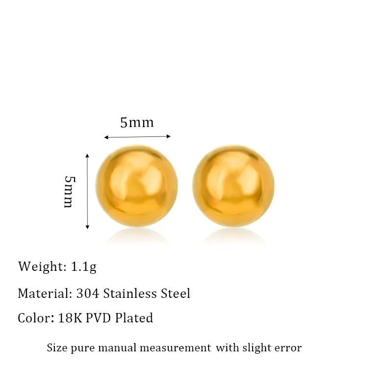 Stainless steel ball stud earrings with round geometric design in gold or silver finish, showing front and side views