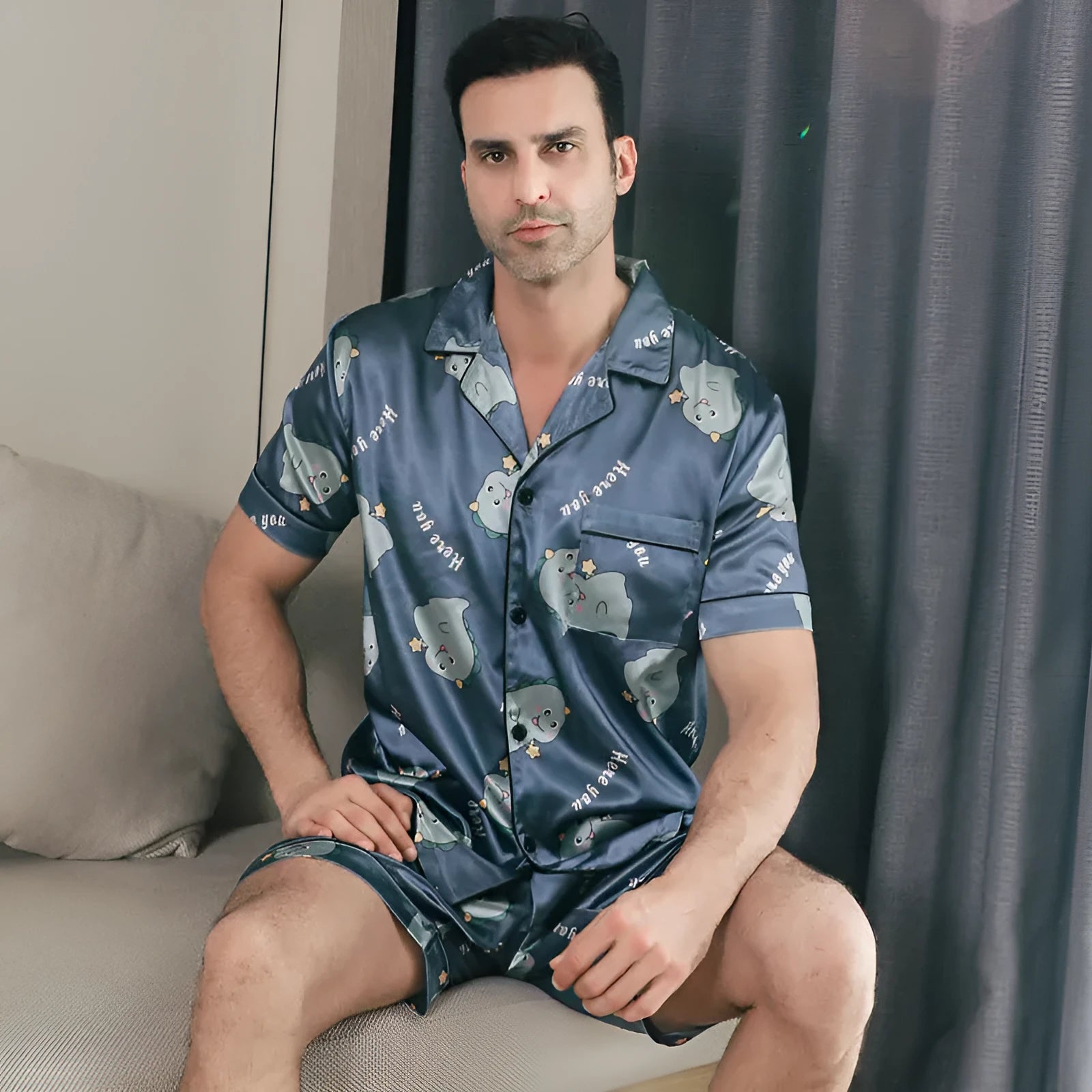 Men's ice silk short sleeve pyjama set in cardigan style on hanger