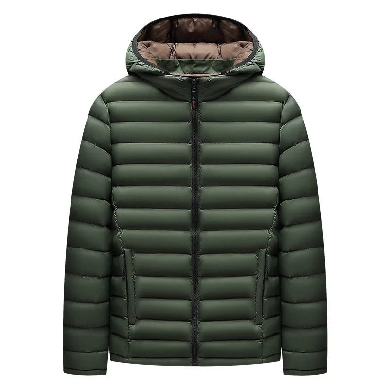 Men's lightweight down cotton-padded hooded jacket with detachable collar in black, army green or blue