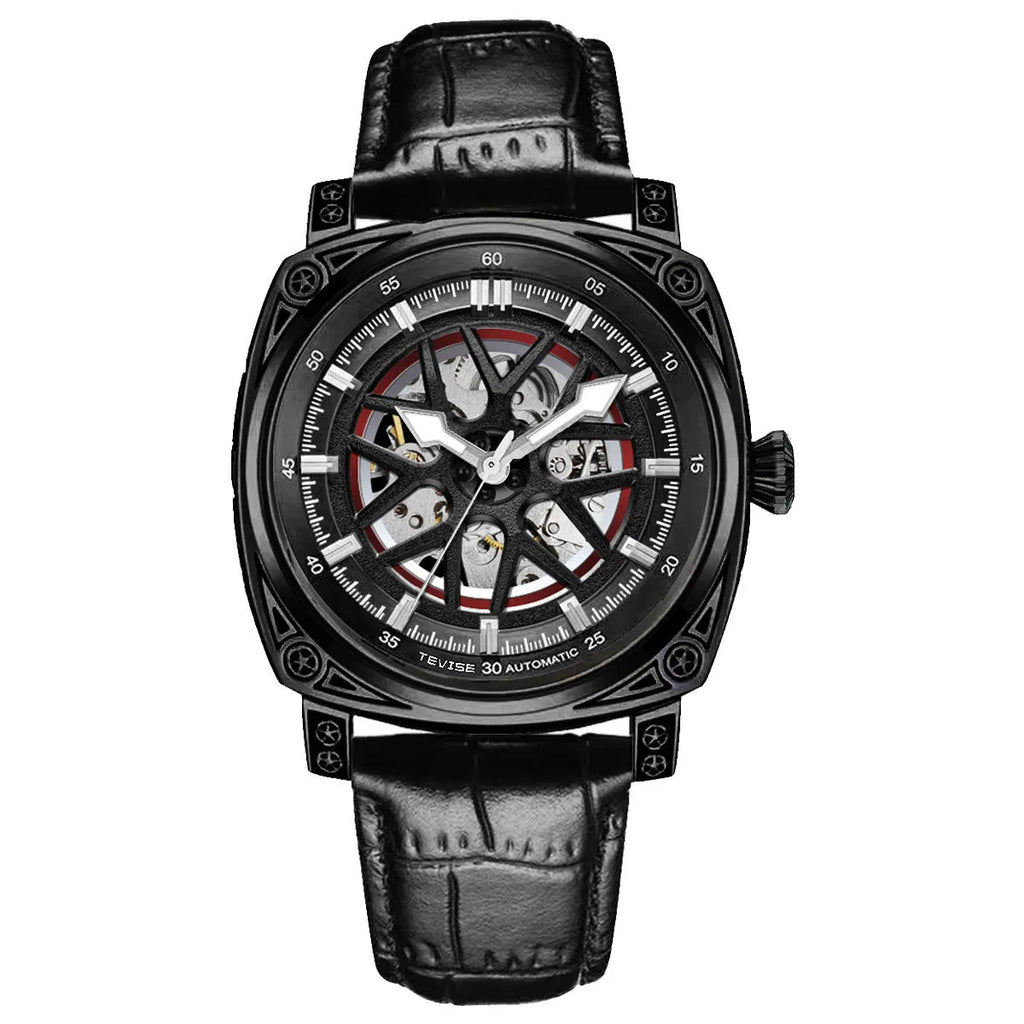 Men's automatic watch with stainless steel case, leather strap, showing 14mm thickness and colour options.