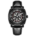Men's automatic watch with stainless steel case, leather strap, showing 14mm thickness and colour options.
