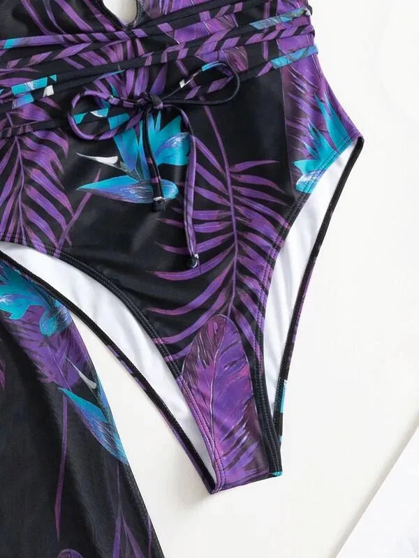 Women's three-piece polyester swimsuit set showing one-piece swimsuit and matching cover-up coat in one of four available patterns.