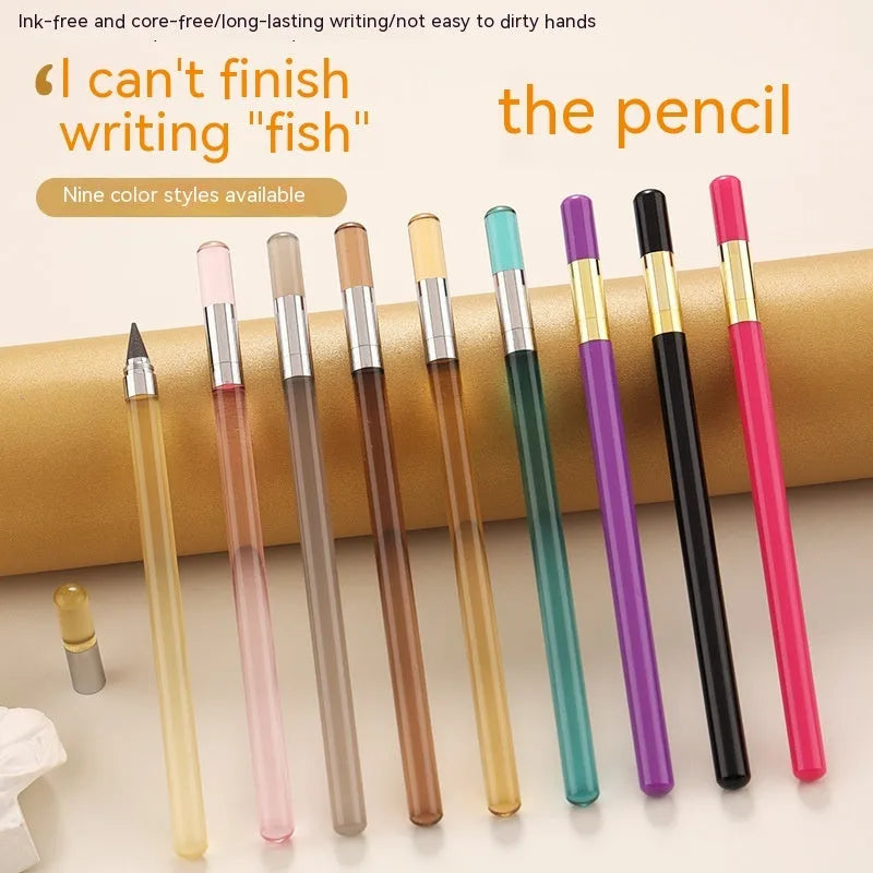 Acrylic transparent mechanical pencil with plastic shell and alloy tip, shown in multiple colour options.