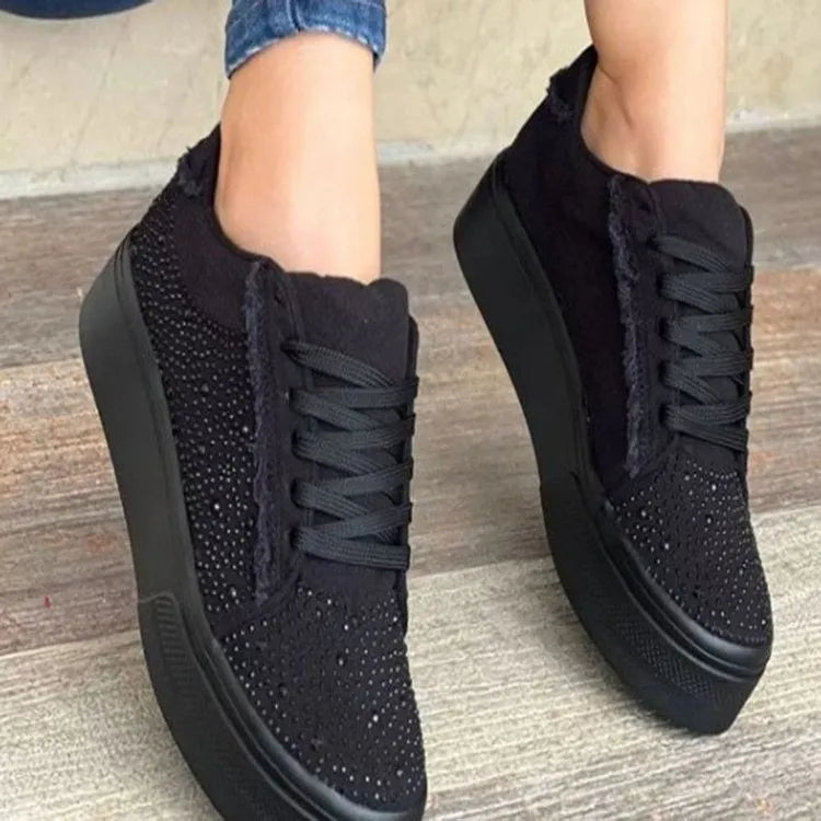 Plus size women's casual shoes with rhinestone accents on artificial PU upper, thick rubber soles, and lace-up design in black colour