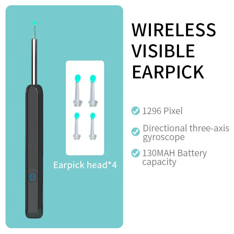 Black and white wireless otoscope ear cleaner with camera, LED light, and spoon heads on a table.